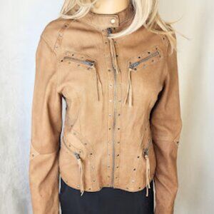 Wilsons Leather Women’s Moto Jacket Medium Tan Studded Western Lace-Up Biker Y2K